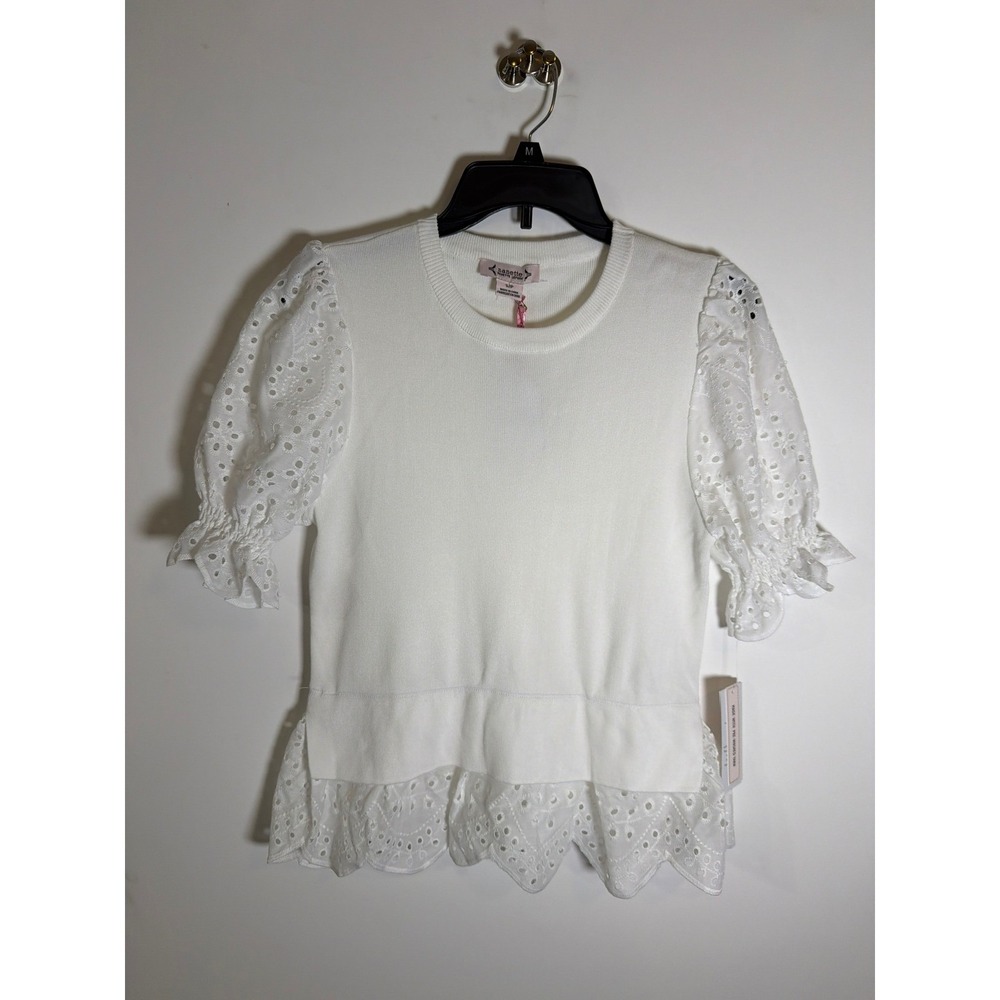 Nanette Lepore Womens Eyelet Sleeve Peplum Sweater Top White Small NWT